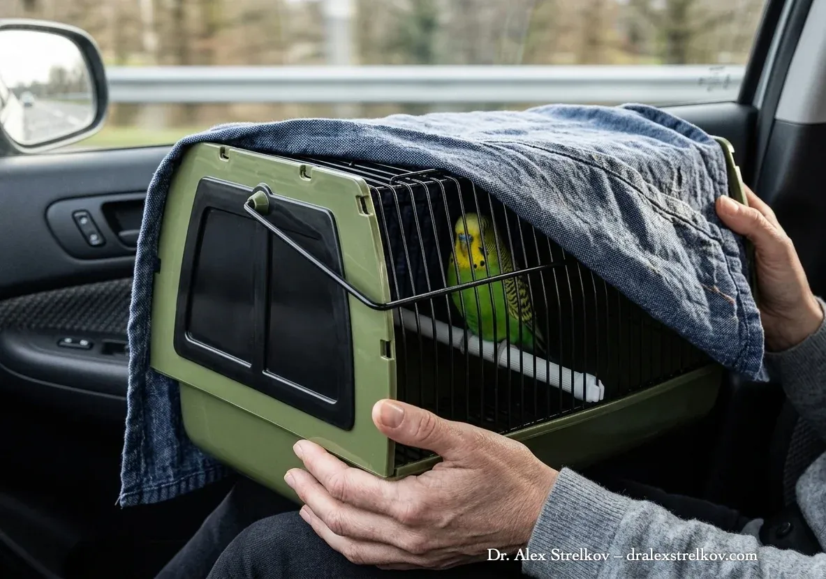 A close-up photograph of a person holding an olive-green wire and plastic pet carrier on their lap inside a moving car. A yellow and green budgerigar is perched inside, partially covered by a blue denim cloth draped over the cage.
