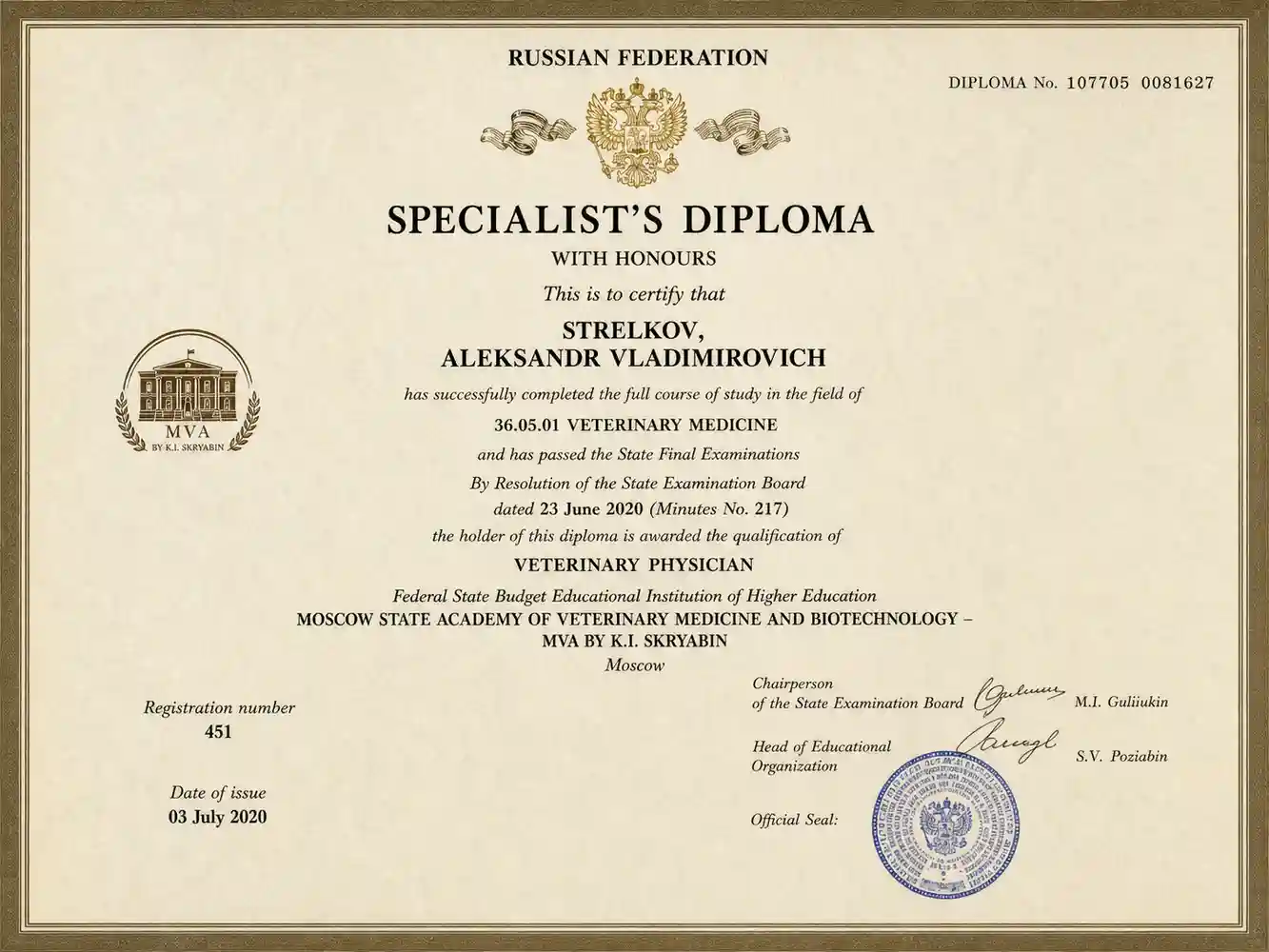 Diploma in Veterinary Medicine, graduated with honours