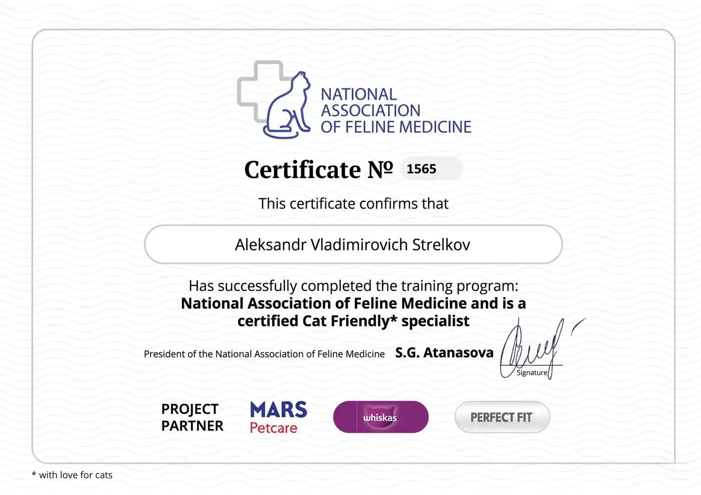Cat Friendly certified specialist diploma